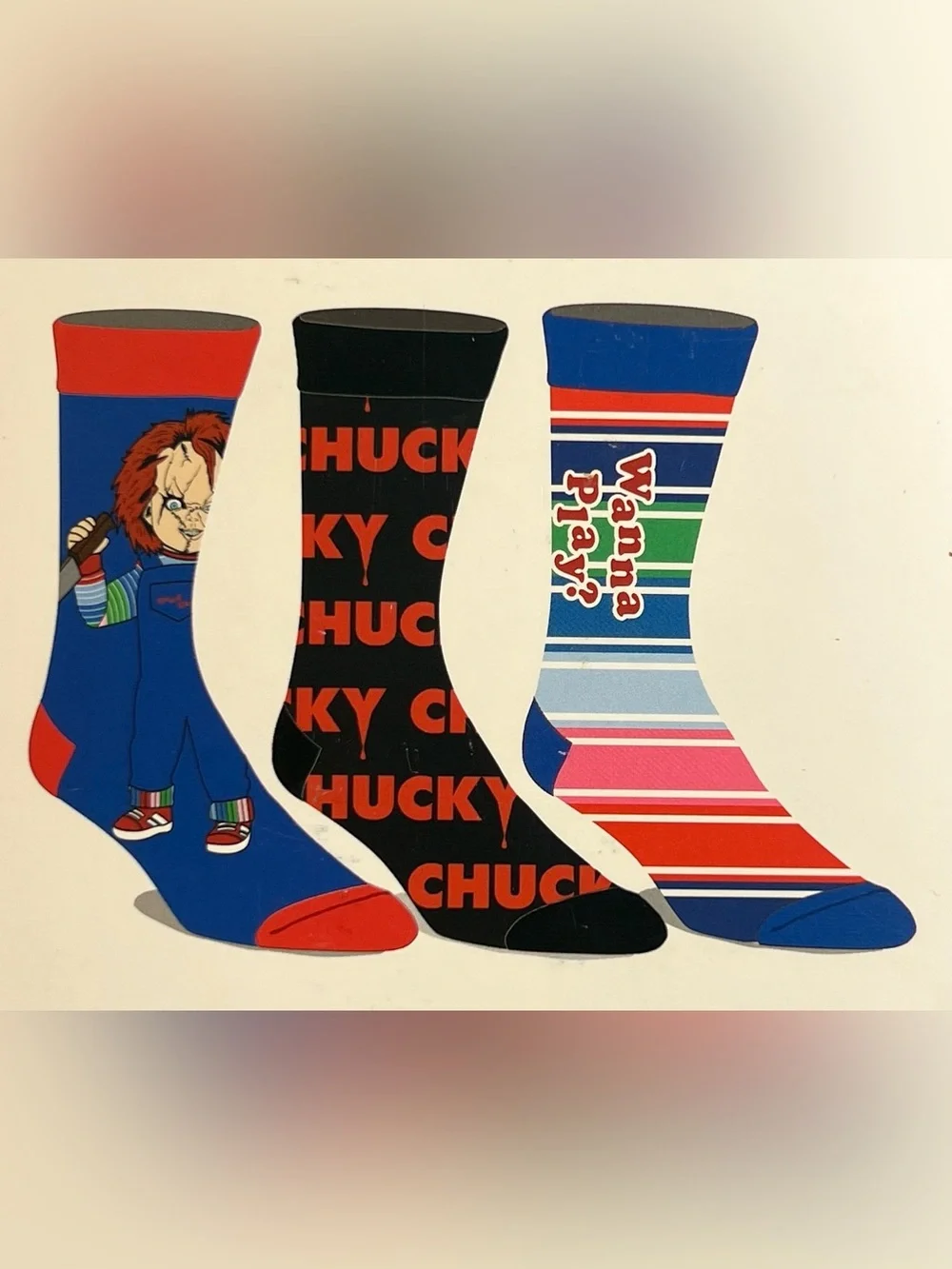 Chucky Good Guys Eat Your Heart Out Mens Crew Socks 10-13 New 3 Pairs Halloween